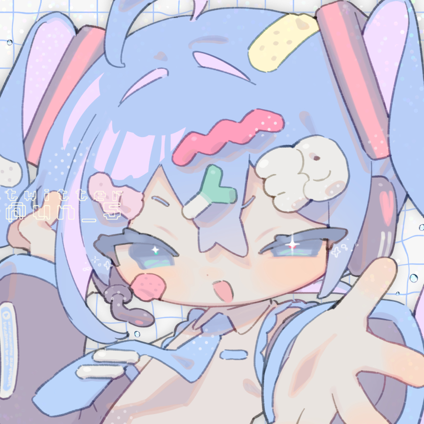 1girl 39 ahoge bandage_on_hair bandaid bandaid_on_face blue_eyes blue_hair blue_necktie bubble colored_inner_hair detached_sleeves distortion food-themed_hair_ornament grid_background hair_ornament hairpin hand_on_headwear hatsune_miku headset highres looking_at_viewer multicolored_hair multiple_hairpins neck necktie number_hair_ornament offering_hand open_mouth portrait reaching reaching_towards_viewer shirt sleeveless sleeveless_shirt smile solo sparkle sparkling_eyes spring_onion spring_onion_hair_ornament tendoshi twintails twitter_username vocaloid