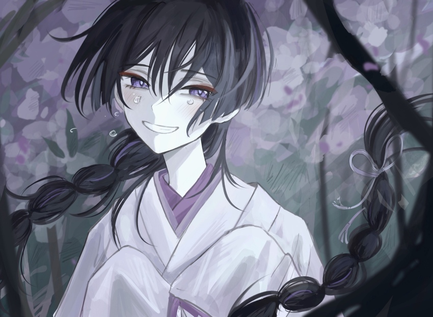 1boy alternate_hair_length alternate_hairstyle black_hair blunt_ends eyeliner eyeshadow genshin_impact grin hair_tie han&#039;eri highres japanese_clothes kimono layered_kimono layered_sleeves long_hair low-braided_long_hair low-tied_long_hair lower_eyelashes_only makeup male_focus purple_eyes purple_kimono purple_sleeves red_eyeliner red_eyeshadow scaramouche_(genshin_impact) scaramouche_(kabukimono)_(genshin_impact) sleeves_past_fingers sleeves_past_wrists smile solo tears tsurime white_kimono white_sleeves yoruli_e