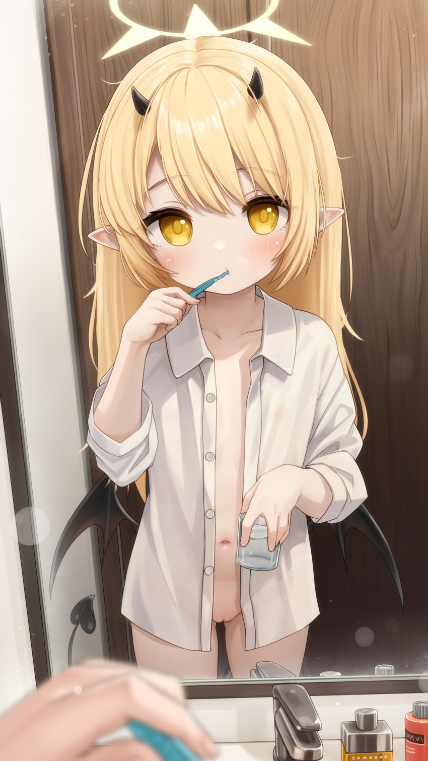 1girl absurdres black_horns black_wings blonde_hair blue_archive commentary comodox demon_horns demon_tail demon_wings english_commentary flat_chest halo highres holding horns huge_filesize ibuki_(blue_archive) loli long_hair navel open_clothes open_shirt paid_reward_available pointy_ears shirt tail toothbrush variant_set white_shirt wings yellow_eyes