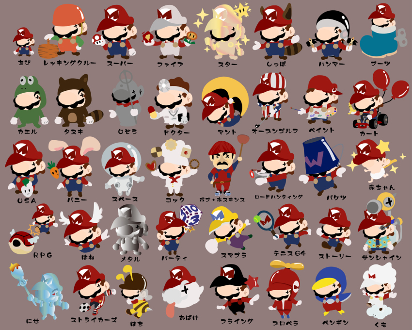 +_+ 1boy alternate_color alternate_costume alternate_form animal_costume animal_ears art_brush atyuriko baby_mario ball balloon banana_peel bee_mario bob_hoskins boo_(mario) boo_mario boots bucket cape cape_mario carrot chef chef_hat chibi cloud_mario cookie cosplay dice dr._mario dr._mario_(game) drugs f.l.u.d.d. facial_hair fire fire_flower fire_mario flying_mario food frog_costume frog_mario ghost gloves golf_club hammer hammer_mario hat hawaiian_shirt head_wings helmet invincible_mario kart koopa kuribo&#039;s_shoe lazy_shell mario mario_&amp;_wario mario_(golf) mario_(series) mario_(sunshine) mario_golf mario_kart mario_paint mario_party mario_strikers_(series) mario_tennis mario_tennis_(nintendo_64) metal_mario mustache new_super_mario_bros. new_super_mario_bros._wii nintendo overalls paintbrush paint_palette paper_mario paper_mario_64 penguin_costume penguin_mario pill plunger propeller propeller_mario punching rabbit_ears rabbit_mario raccoon_ears raccoon_mario raccoon_tail racket shadow_mario shell shirt soccer_ball spacesuit sparkle staff statue super_mario_64 super_mario_bros._(1993_film) super_mario_bros._(film) super_mario_bros._2 super_mario_bros._3 super_mario_galaxy super_mario_galaxy_2 super_mario_kart super_mario_land_2 super_mario_rpg super_mario_strikers super_mario_sunshine super_mario_world super_mario_world_2:_yoshi&#039;s_island super_mushroom super_scope super_smash_bros. super_star super_star_(mario) suspenders tail tanooki_mario telstar tennis_ball tennis_racket tongue transformation translation_request turnip vegetable wario wario_(cosplay) wings wrecking_crew yoshi&#039;s_cookie yoshi&#039;s_island |_|
