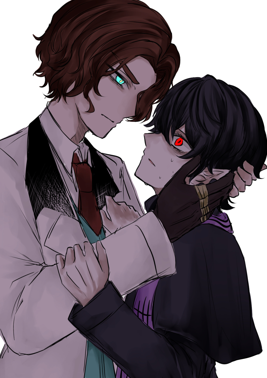 2boys bags_under_eyes beelzebub_(shuumatsu_no_valkyrie) black_hair black_jacket blue_eyes blue_vest brown_hair brown_vest closed_mouth collared_shirt curly_hair formal_clothes gloves hair_between_eyes hand_on_another&#039;s_arm hand_on_another&#039;s_chest hands_on_another&#039;s_face hands_on_another&#039;s_head high_collar highres jacket jewelry male_focus multiple_boys multiple_rings necktie nervous nervous_sweating nikola_tesla_(shuumatsu_no_valkyrie) notched_ear one_glove parted_lips pointy_ears purple_robe purple_scarf red_eyes ring robe scarf shirt short_hair shuumatsu_no_valkyrie single_glove sweat sweatdrop two-sided_fabric upper_body vest white_jacket white_shirt yaoi
