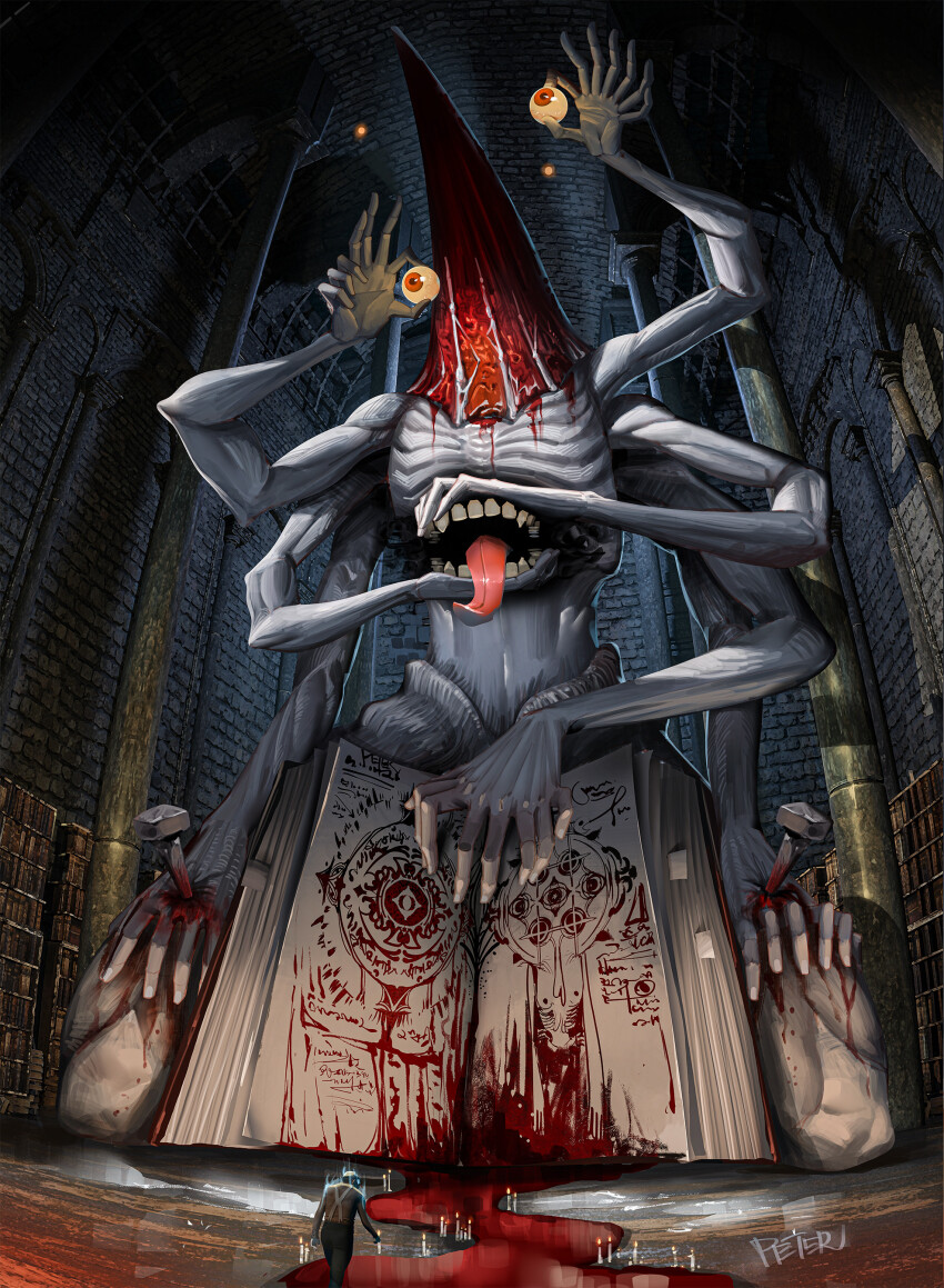 absurdres artist_name blood book bookshelf brick_wall candle column extra_arms extra_digits eyeball fisheye highres holding_eyeball horror_(theme) indoors kneeling long_tongue monster nail_(hardware) original peter_xiao pillar ribs stomach_mouth tongue tongue_out