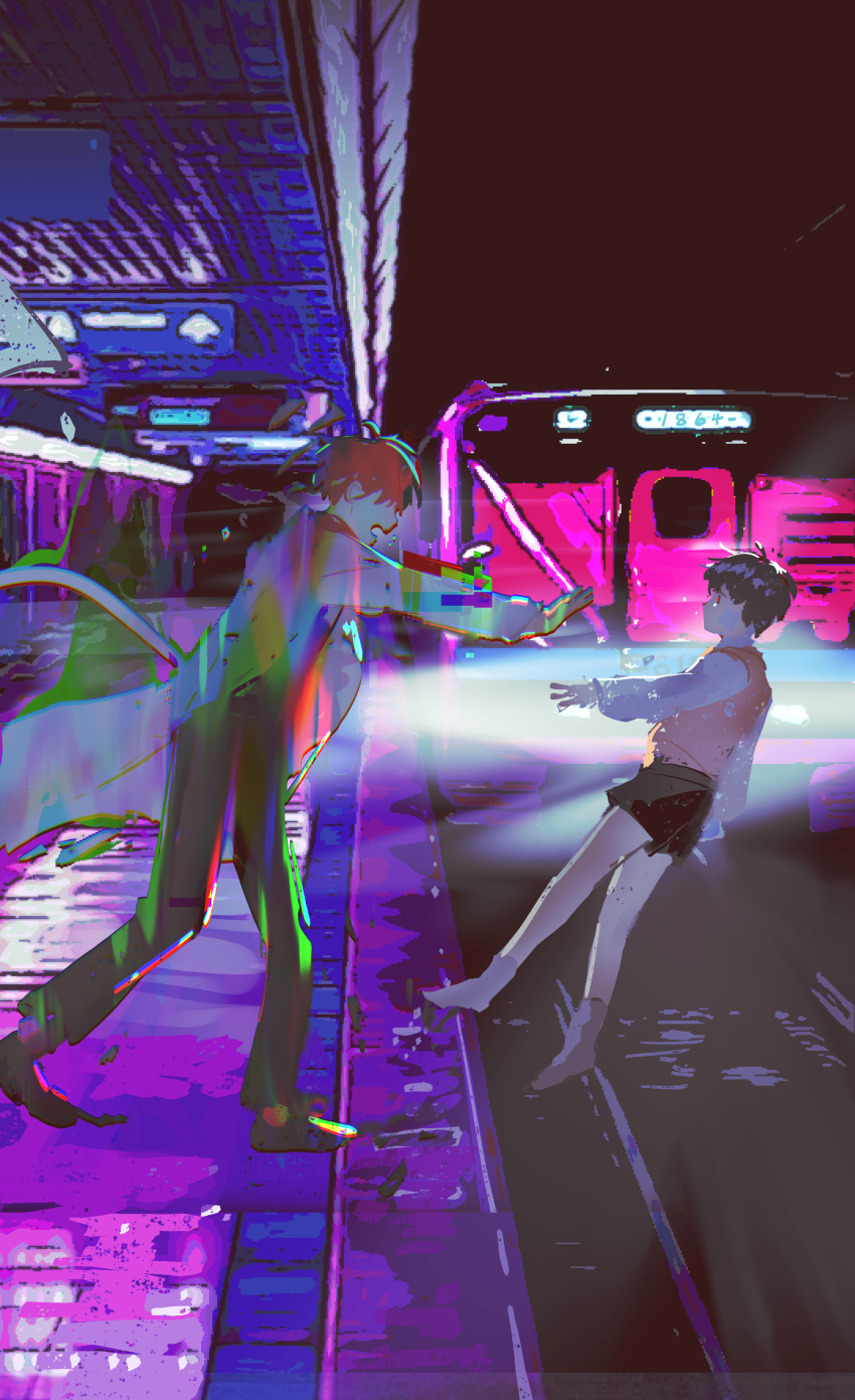 1boy absurdres black_hair black_shoes coat color_filter distortion dual_persona falling from_side glitch glowing hair_over_eyes headlight_beam highres imminent_death implied_suicide incoming_train kim_dokja lantercat oldest_dream omniscient_reader&#039;s_viewpoint open_mouth orange_vest outstretched_arm pushing_away railroad_tracks red_eyes shirt shoes shoving stepping vest white_coat white_shirt