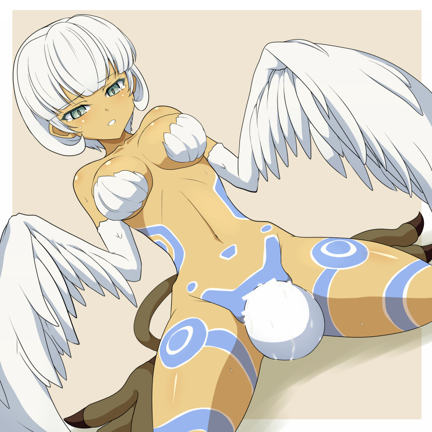 1girl absurdres animal_feet bar_censor blunt_bangs blush bodypaint bottomless breasts censored clam_curry dark_skin egg_laying feather_magic feathers green_eyes harpy highres medium_breasts monster_girl navel open_mouth short_hair solo tail tales_of_(series) tales_of_symphonia talons tan white_feathers white_hair white_wings winged_arms wings