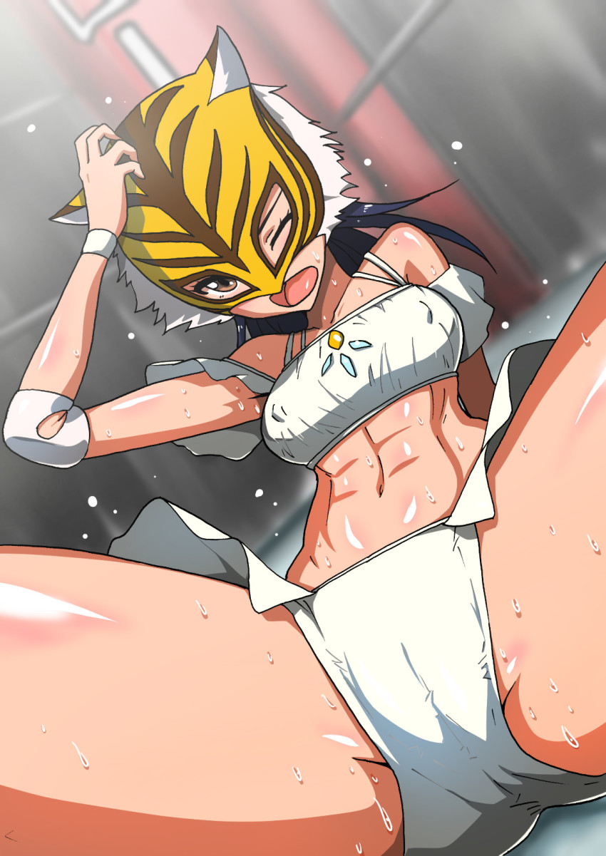 1girl abs black_hair brown_eyes elbow_pads female_focus highres manjuurou mask midriff navel one_eye_closed solo spread_legs spring_tiger sweat takaoka_haruna tiger_mask_(series) tiger_mask_w wrestling_outfit wrestling_ring wristband