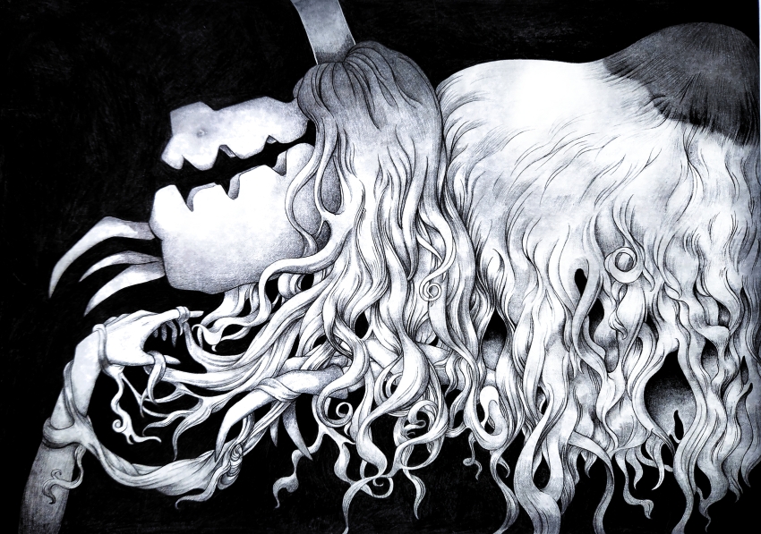 2others absurdres bake_monochrome black_background claws greyscale highres houndstone lying mechanical_pencil monochrome multiple_others nintendo on_stomach open_mouth pencil pokemon pokemon_(creature) simple_background tombstone traditional_media