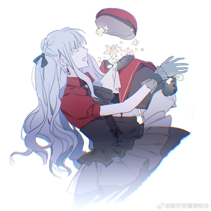2girls ascot bang_dream! bang_dream!_it&#039;s_mygo!!!!! beret black_ascot black_capelet black_corset black_ribbon black_skirt blue_brooch blue_hair capelet chinese_commentary chromatic_aberration closed_eyes commentary_request corset crying crying_with_eyes_open dancing earrings flower gloves green_brooch green_hair grey_gloves hair_ribbon hat highres jewelry long_hair mortis_(bang_dream!) mortis_(costume)_(bang_dream!) multiple_girls oblivionis_(bang_dream!) open_mouth puffy_short_sleeves puffy_sleeves red_hat red_shirt reiboubyou ribbon shirt short_sleeves simple_background skirt tears togawa_sakiko wakaba_mutsumi watermark weibo_watermark white_ascot white_background yellow_eyes yuri
