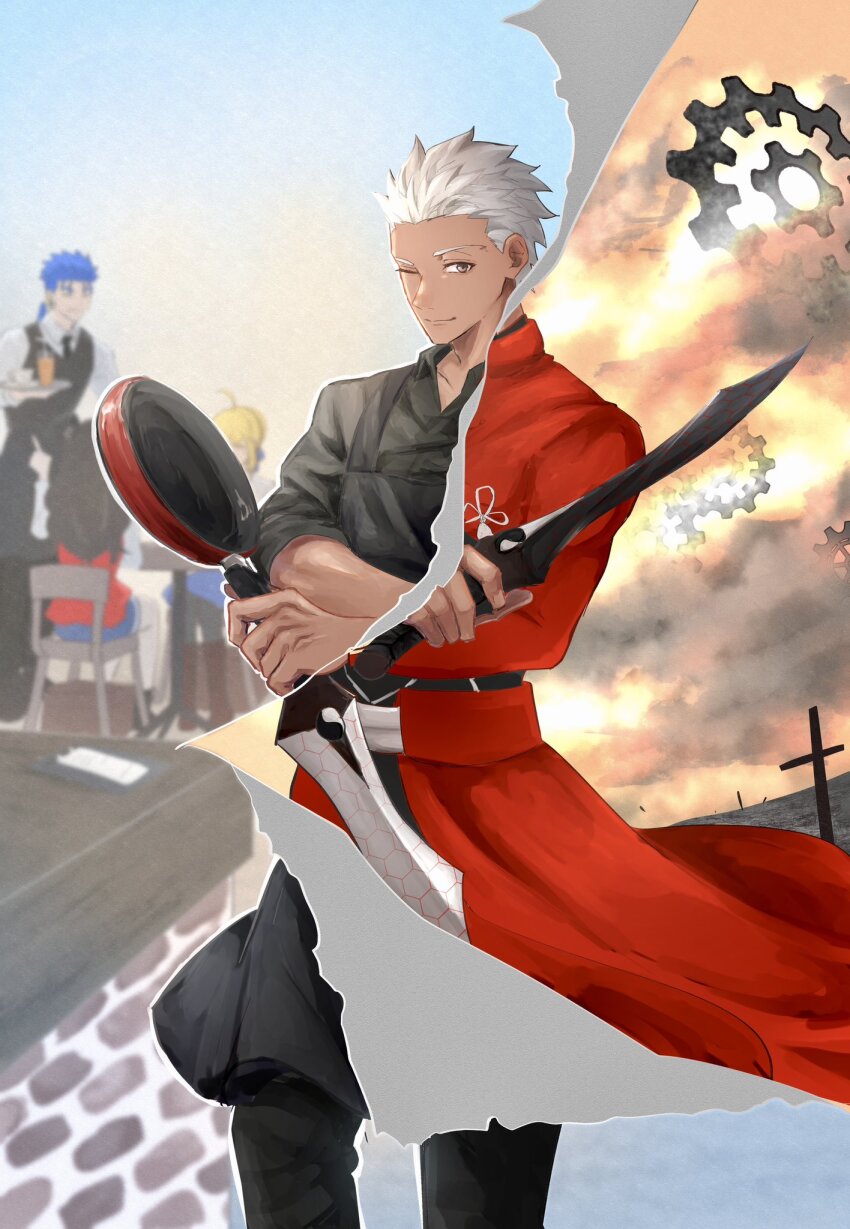 1girl 2boys ahoge apron archer_(fate) artoria_pendragon_(fate) black_apron black_necktie black_vest chair commentary_request cu_chulainn_(fate) cu_chulainn_(fate/stay_night) fate/stay_night fate_(series) frying_pan gears highres holding holding_frying_pan holding_sword holding_tray holding_weapon kanshou_&amp;_bakuya_(fate) multiple_boys necktie one_eye_closed renkon_eko revealing_layer saber_(fate) sitting smile sword tohsaka_rin tray unlimited_blade_works_(reality_marble) vest waiter weapon