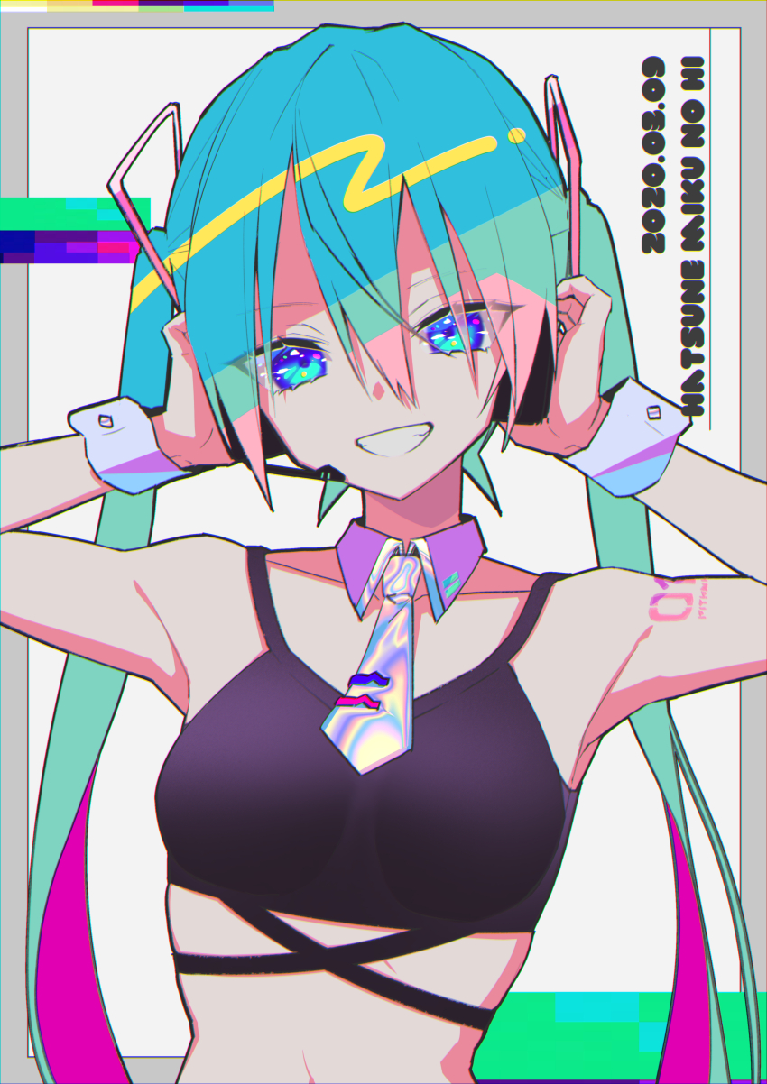 1girl absurdres black_shirt blue_eyes blue_hair border character_name collarbone colored_inner_hair dated eyelashes grey_border grin hair_between_eyes hatsune_miku headphones highres holographic_clothing long_hair looking_at_viewer multicolored_hair navel necktie number_tattoo shirt shoulder_tattoo smile solo tattoo tendoshi twintails vocaloid white_necktie