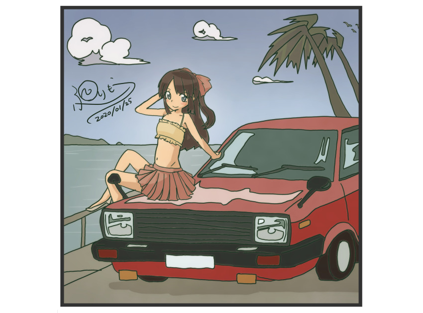 1girl 2020 20s animal arm_behind_head arm_support arm_up attan_(irohiza) bird blue_eyes blush bow brown_hair brown_shirt car cloud collarbone dated grey_shoes hair_bow highres irohiza january long_hair looking_at_viewer midriff motor_vehicle navel nissan nissan_pulsar ocean on_car original palm_tree photo_(object) red_bow red_skirt road shirt shoes sitting skirt sky sleeveless sleeveless_shirt smile tree water