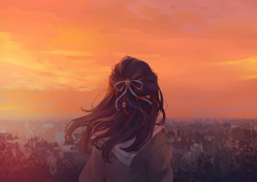 1girl blue_hair blue_ribbon brown_jacket cityscape evening from_behind hair_ornament hair_ribbon hashtag-only_commentary hasu_no_sora_school_uniform highres jacket l9525 link!_like!_love_live! long_hair love_live! multicolored_ribbon murano_sayaka orange_sky outdoors red_ribbon ribbon sailor_collar school_uniform sky solo star_(symbol) star_hair_ornament white_sailor_collar