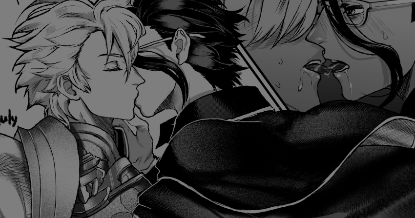 2boys ahoge aladdin_(sinoalice) blush butler cape closed_eyes commission crop_top formal_clothes french_kiss fringe_trim glasses gloves greyscale hair_over_eyes hair_slicked_back hameln_(sinoalice) highres kiss looking_at_another male_focus monochrome multiple_boys panels saliva short_hair sinoalice skeb_commission suit tongue tongue_out vortex_july yaoi