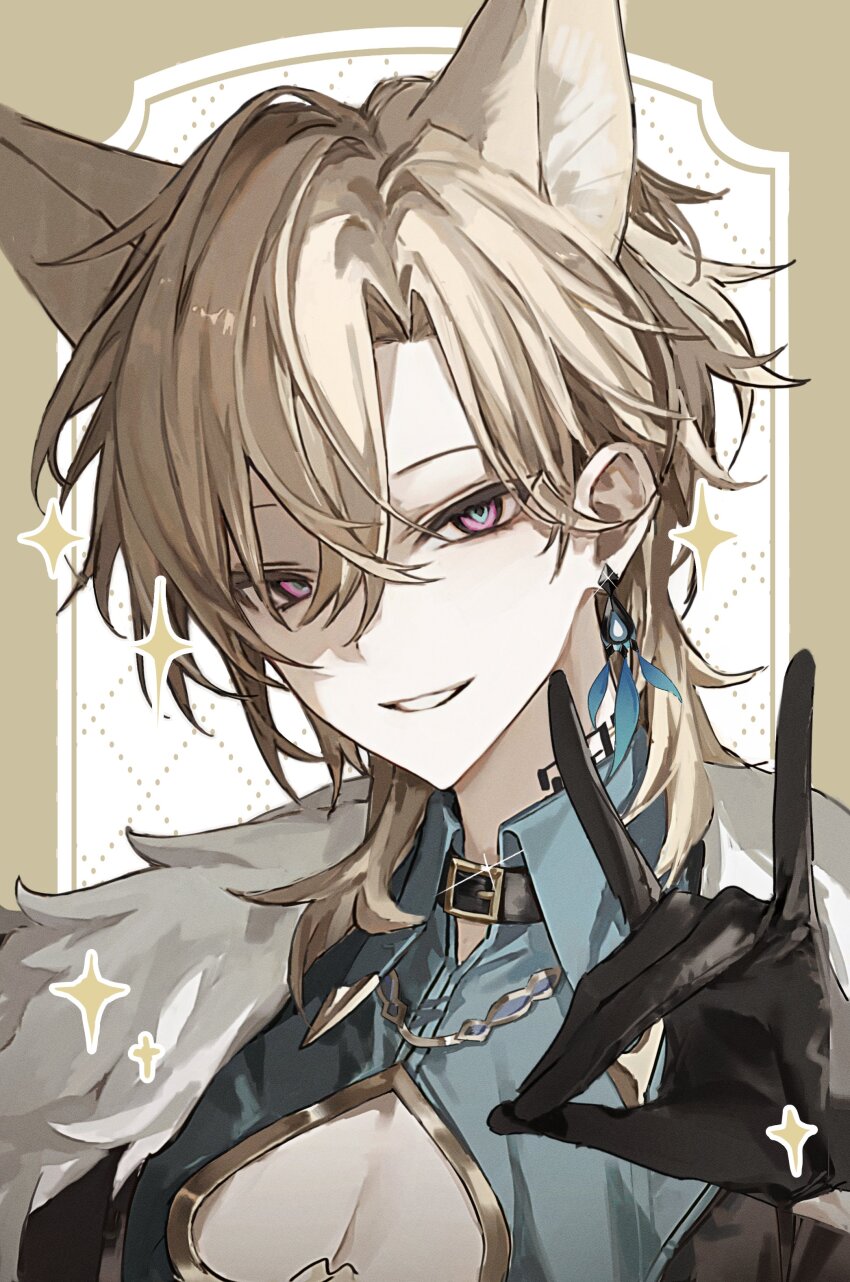 1boy absurdres animal_ears aventurine_(honkai:_star_rail) bccch123 black_gloves blonde_hair clothing_cutout collared_shirt commentary earrings fox_boy fox_ears fox_shadow_puppet gloves green_shirt hand_up hashtag-only_commentary highres honkai:_star_rail honkai_(series) jewelry kemonomimi_mode looking_at_viewer male_focus parted_bangs parted_lips portrait purple_eyes shirt short_hair smile solo sparkle wing_collar