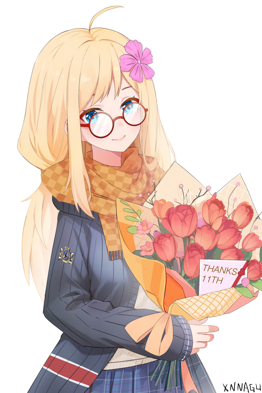 1girl absurdres ahoge anniversary blonde_hair blue_eyes blue_sweater blush border bouquet breasts cardigan checkered_clothes checkered_scarf commentary_request emblem english_text envelope flower glasses hair_flower hair_ornament heart highres holding holding_bouquet hood_(warship_girls_r) lips long_hair long_sleeves looking_at_viewer medium_breasts necktie open_cardigan open_clothes outside_border plaid_clothes plaid_skirt red-framed_eyewear rose round_eyewear royal_navy scarf school_uniform shirt signature simple_background skirt smile solo stamp_mark sweater union_jack upper_body valentine warship_girls_r white_background white_shirt xnnagu