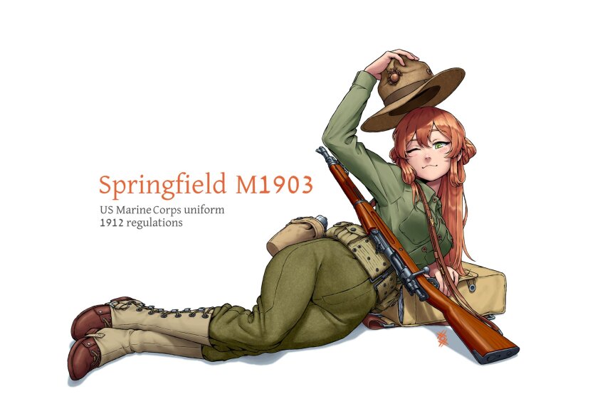 1girl ammunition_pouch artist_logo backpack bag belt blush bolt_action boots breasts brown_boots brown_hair campaign_hat canteen character_name closed_mouth commentary english_text full_body gaiters girls&#039;_frontline green_eyes green_pants green_shirt gun gun_sling hair_between_eyes hair_rings hand_on_headwear hat hat_tip highres holding holding_unworn_clothes holding_unworn_hat large_breasts logo long_hair long_sleeves looking_at_viewer lying m1903_springfield military military_uniform on_side one_eye_closed ostwindprojekt pants pouch rifle shadow shirt shirt_tucked_in sidelocks sidelocks_tied_back simple_background smile solo springfield_(girls&#039;_frontline) united_states_marine_corps unworn_hat unworn_headwear weapon white_background