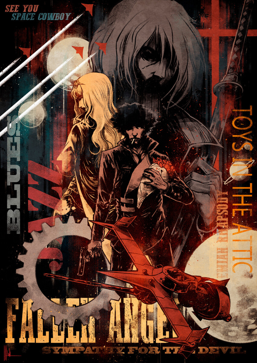 1girl 2boys black_hair black_necktie blonde_hair bouquet cigarette closed_eyes closed_mouth cowboy_bebop english_text eyewear_on_head flower formal_clothes full_moon grey_hair gun highres holding holding_bouquet holding_gun holding_sword holding_weapon julia_(cowboy_bebop) long_hair looking_at_viewer luca_merli medium_hair moon multiple_boys necktie one_eye_covered short_hair spike_spiegel spiked_hair sword swordfish_ii vicious_(cowboy_bebop) weapon