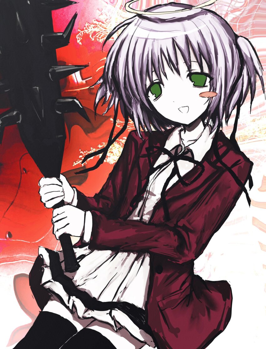 1girl black_ribbon blush_stickers bokusatsu_tenshi_dokuro-chan chan8016 club club_(weapon) collared_shirt cowboy_shot dress excalibolg green_eyes halo highres holding holding_club holding_weapon jacket long_sleeves miniskirt mitsukai_dokuro neck_ribbon open_mouth pleated_skirt purple_hair red_jacket ribbon school_uniform shirt short_dress short_hair skirt smile solo spiked_club standing two_side_up weapon white_shirt white_skirt