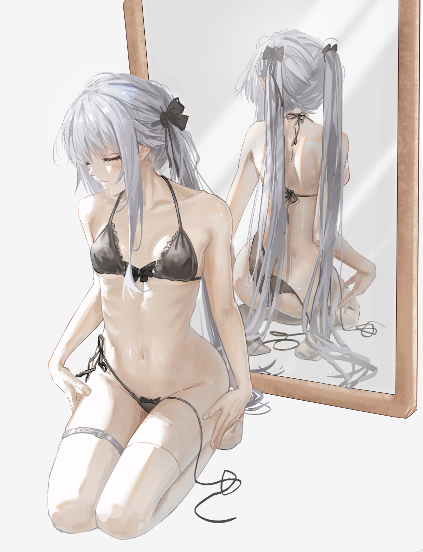 1542_700 1girl absurdres ass bikini bishoujo_mangekyou_(series) black_bikini breasts closed_eyes expressionless grey_hair highres kagarino_kirie long_hair mirror navel open_clothes reflection ribs seiza side-tie_bikini_bottom sitting small_breasts swimsuit thighhighs twintails untied_bikini very_long_hair white_thighhighs