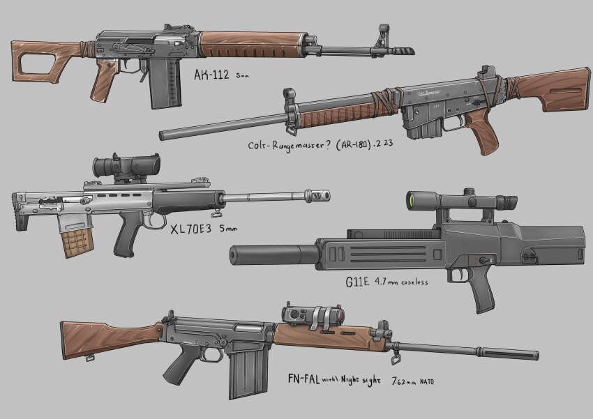 absurdres assault_rifle battle_rifle bullpup caseless_firearm fallout fallout_(series) fallout_1 fallout_2 fn_fal gun h&amp;k_g11 high-capacity_magazine highres horizontal_magazine kalashnikov_rifle optical_sight rifle srtdrawart suppressor weapon xl70e3