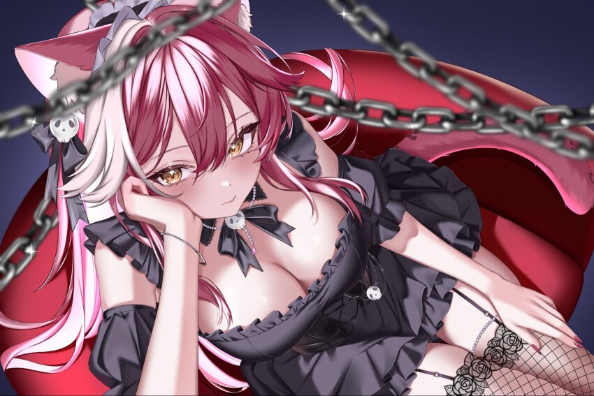 1girl animal_ears black_corset black_dress black_garter_straps black_headdress black_ribbon black_sleeves black_thighhighs blurry blurry_foreground blush bracelet breasts chain chair cleavage closed_mouth commentary corset detached_sleeves dress easy_chair fingernails fishnet_thighhighs fishnets flower-trimmed_thighhighs from_above garter_straps hair_ornament hair_ribbon hand_on_own_cheek hand_on_own_face highres hololive hololive_english jewelry large_breasts long_hair multicolored_hair nail_polish necklace panther_ears panther_girl panther_tail pink_hair pink_nails pink_tail raora_panthera ribbon short_sleeves sitting skull_collar skull_hair_ornament skull_ornament solo ssiiiyyaa streaked_hair tail thighhighs thighs two-tone_hair virtual_youtuber white_hair yellow_eyes