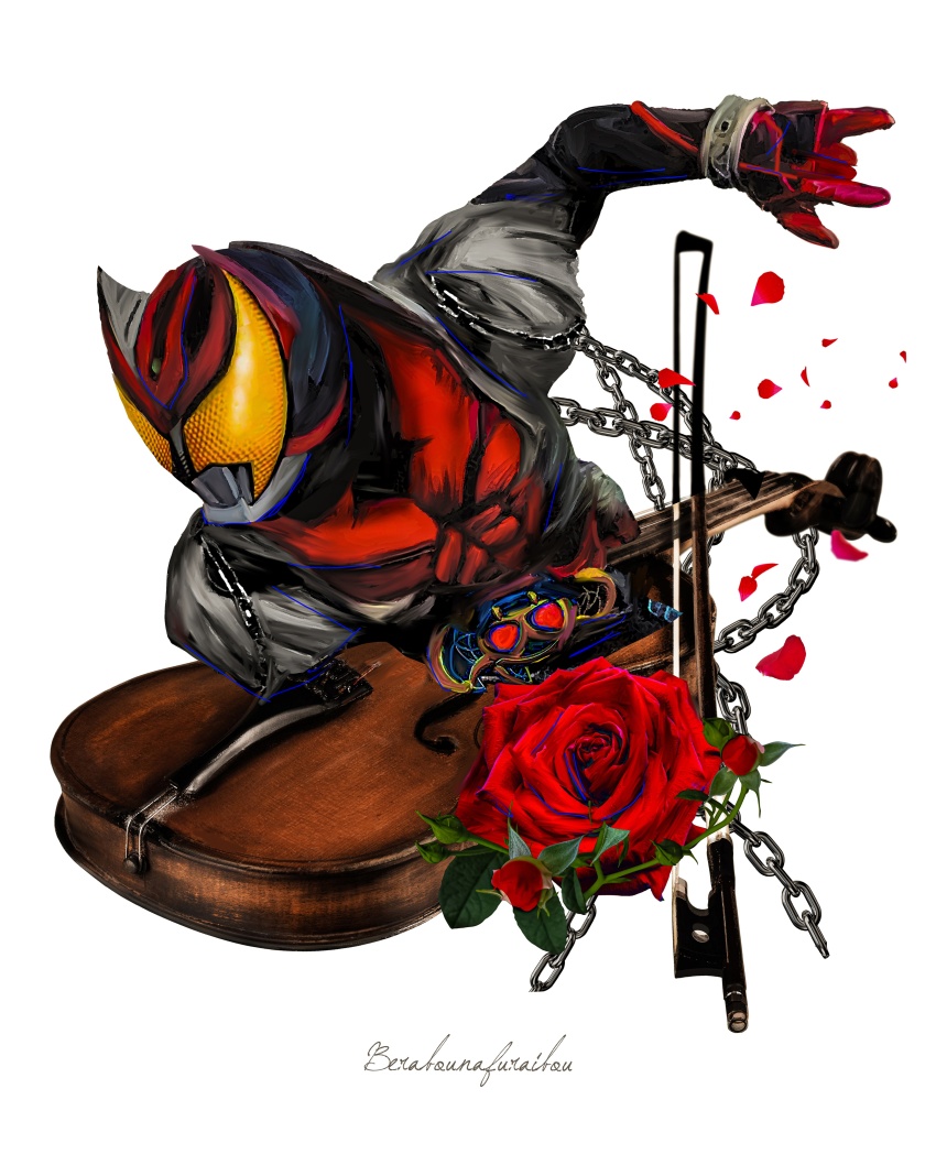1boy absurdres armor flower helmet highres instrument kamen_rider kamen_rider_kiva kamen_rider_kiva_(series) male_focus obakelope0530 power_armor red_armor red_flower red_helmet red_petals red_rose rose simple_background upper_body violin white_background