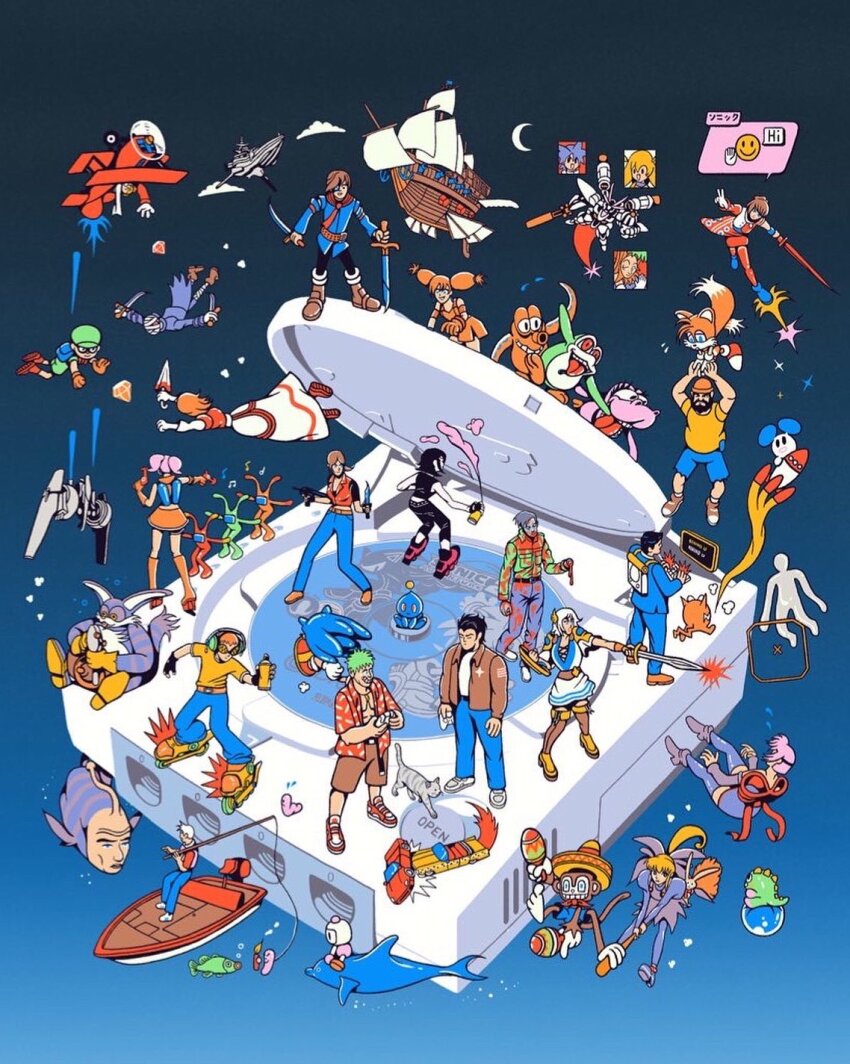 6+boys 6+girls aika_(eternal_arcadia) aircraft airplane airship amigo ayane_(doa) beanie beard beat_(jsr) big_the_cat blood blue_dress blue_eyes blue_thighhighs boat bomberman boots broom broom_riding brown_hair brown_jacket brown_shorts brown_thighhighs cat chao_(sonic) character_request chu_chu_rocket chuih collarbone controller copyright_request cube_(jsr) dead_or_alive dr._eggman dress dual_wielding ecco_the_dolphin ecco_the_dolphin_(game) eternal_arcadia facial_hair flying game_console green_hair grey_footwear gunbird hat hazuki_ryou highres holding holding_controller holding_knife holding_umbrella jacket jet_set_radio knife marion morolian multiple_boys multiple_girls orange_hair orange_hat pink_hair pomupomu puyopuyo red_shirt samba_de_amigo seaman seaman_(game_character) sega sega_dreamcast shadow_the_hedgehog shenmue shirt shoes shorts sonic_(series) sonic_adventure sonic_adventure_2 sonic_the_hedgehog sophitia_alexandra soul_calibur space_channel_5 speech_bubble stephen_maurice_graham tails_(sonic) thighhighs twintails ulala umbrella vyse watercraft white_bomberman white_dress white_footwear white_shirt yellow_shoes