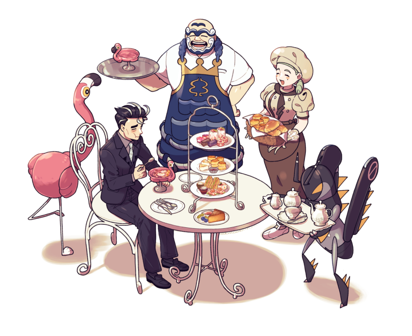 1girl 2boys apron ascot bald batabiru beard black_hair black_jacket bread brown_ascot brown_skirt cake closed_eyes collared_shirt croissant cup eating facial_hair flamigo food fork gloves grey_hair hand_on_own_hip happy hat highres holding holding_food holding_spoon holding_tray jacket katy_(pokemon) knife kofu_(pokemon) larry_(pokemon) light_green_hair lokix long_sleeves mole mole_on_cheek multicolored_hair multiple_boys necktie nintendo open_mouth pokemon pokemon_(creature) pokemon_sv puffy_short_sleeves puffy_sleeves saucer shirt short_hair short_sleeves side_ponytail sitting skirt smile spoon streaked_hair table tea_set teacup teapot tiered_tray tray two-tone_hair unibrow