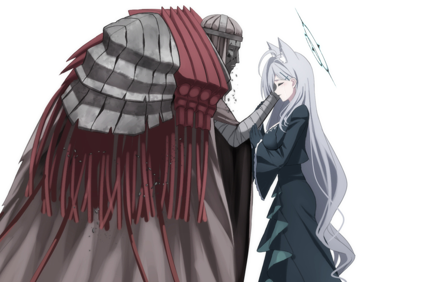 1boy 1girl animal_ear_fluff animal_ears armor bandaged_arm bandages black_dress black_gloves blue_archive breasts brown_cloak cloak closed_eyes cross_hair_ornament dress gloves hair_between_eyes hair_ornament hand_on_another&#039;s_arm hand_on_another&#039;s_cheek hand_on_another&#039;s_face junu_(jwoo5627) large_breasts long_hair looking_down masked open_mouth pauldrons phrenapates_(blue_archive) shiroko_(blue_archive) shiroko_terror_(blue_archive) shoulder_armor sidelocks wolf_ears wolf_girl