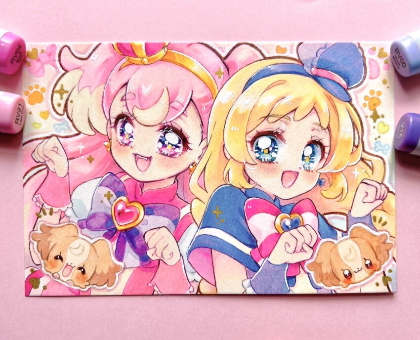 2girls :d art_tools_in_frame blonde_hair blue_capelet blue_eyes bow bowtie braid brooch capelet collared_dress crown cure_friendy cure_wonderful deerstalker dress hairband hat heart heart_brooch highres inukai_iroha inukai_komugi inukai_komugi_(dog) jewelry kashitani_futaba long_hair magical_girl multiple_girls open_mouth outline paw_pose paw_print pink_dress pink_hair precure puffy_short_sleeves puffy_sleeves purple_eyes short_sleeves smile striped_bow striped_bowtie striped_clothes teeth traditional_media twin_braids two_side_up upper_body upper_teeth_only wonderful_precure! wrist_cuffs