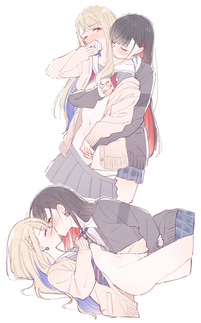 2girls azusawa_kohane beru_popooo black_cardigan black_hair blonde_hair bottomless breasts cardigan closed_eyes clothes_grab clothes_lift collared_shirt colored_inner_hair commentary_request earrings fingering grabbing_another&#039;s_breast grabbing_from_behind grey_serafuku grey_shirt grey_skirt groping highres jewelry kiss kissing_neck long_hair medium_breasts multicolored_hair multiple_girls necktie necktie_grab neckwear_grab one_eye_closed panties panty_pull pleated_skirt project_sekai reach-around red_hair school_uniform serafuku shiraishi_an shirt shirt_lift simple_background skirt underwear white_background white_panties white_shirt yellow_eyes yuri