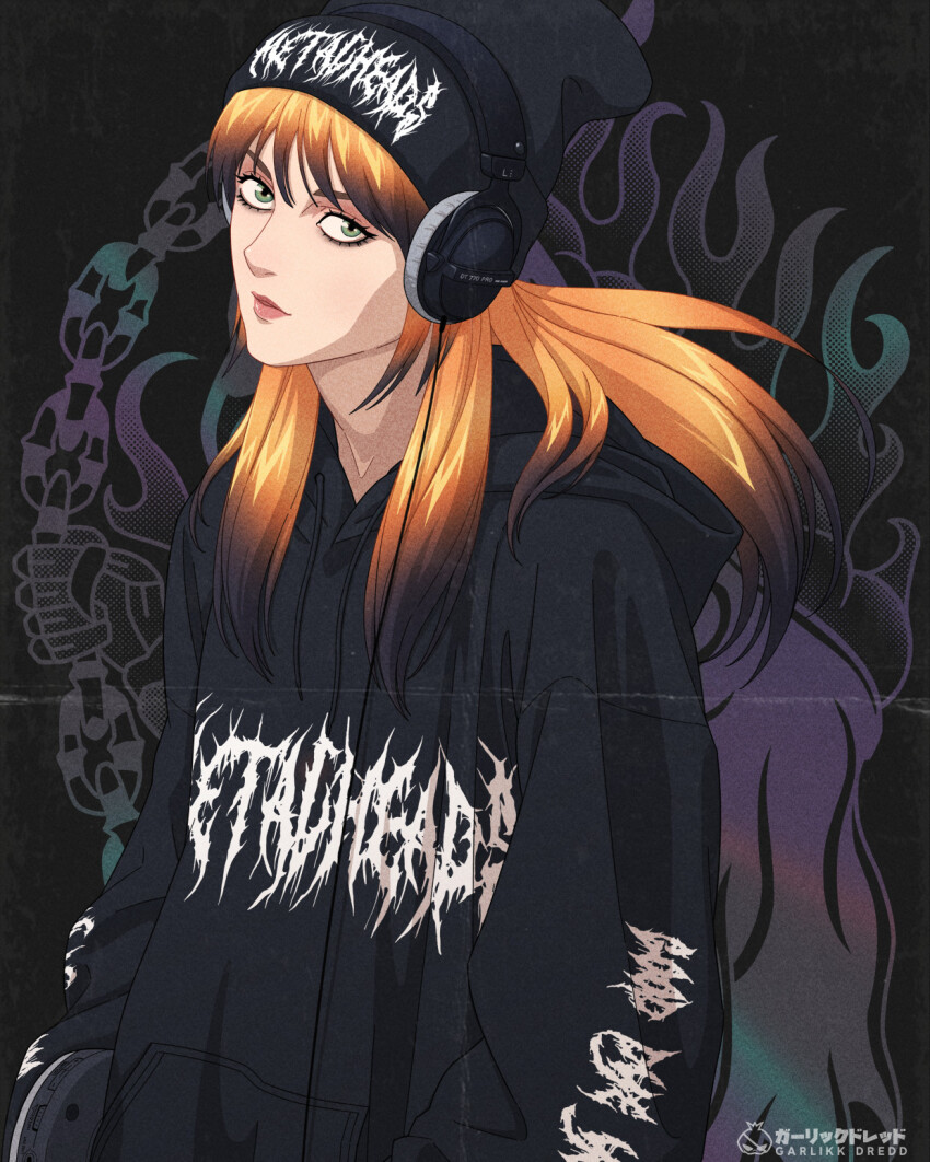 1girl artist_name beanie black_hair black_hat black_hoodie colored_tips drawstring garlikk_dredd green_eyes hat hayley_williams head_tilt headphones highres hood hood_down hoodie looking_at_viewer multicolored_hair orange_hair paramore real_life solo upper_body