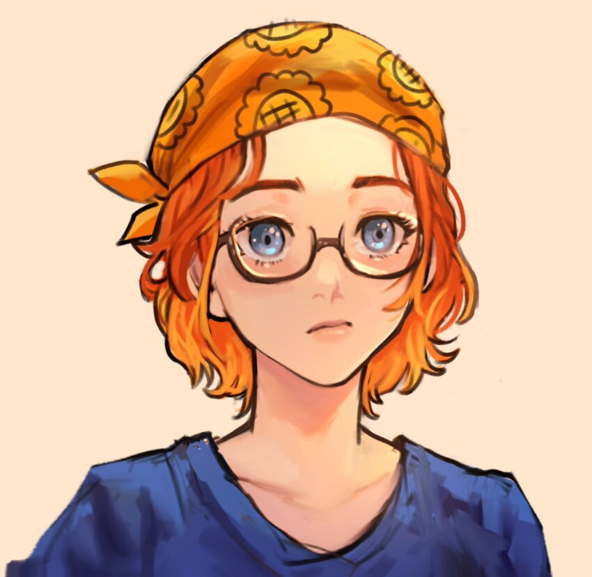 1girl black-framed_eyewear blue_eyes blue_shirt closed_mouth collarbone commentary english_commentary floral_print glasses highres lips looking_at_viewer nami_(one_piece) one_piece one_piece_(live_action) orange_hair pink_lips portrait print_bandana sethkiel shirt short_hair simple_background solo sunflower_print upper_body wavy_hair