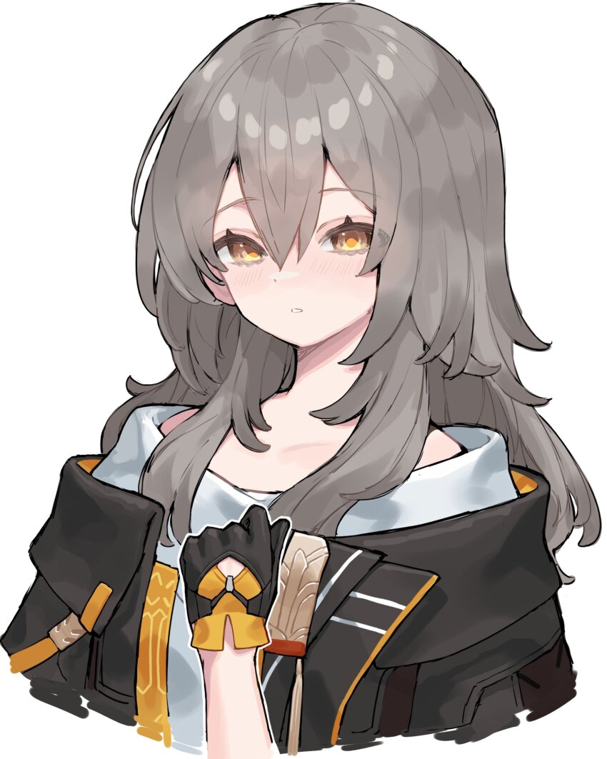 1girl absurdres black_gloves black_jacket cropped_torso gloves grey_hair hair_between_eyes highres honkai:_star_rail honkai_(series) jacket long_hair looking_at_viewer orange_eyes parted_lips scarlet23i0 sidelocks simple_background solo stelle_(honkai:_star_rail) trailblazer_(honkai:_star_rail) upper_body white_background