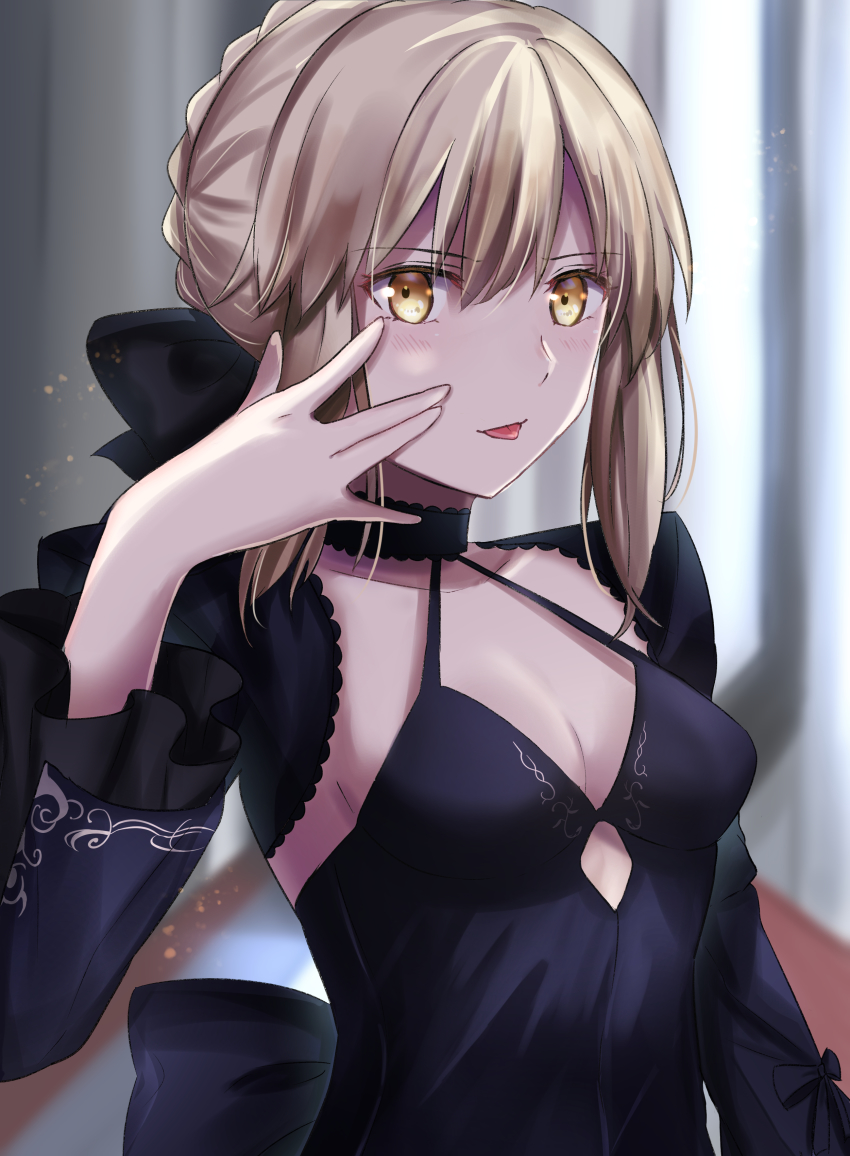 1girl absurdres artoria_pendragon_(fate) blonde_hair blurry blurry_background blush breasts choker cleavage commentary_request dress fate/grand_order fate/stay_night fate_(series) hair_between_eyes hair_bun highres long_hair looking_at_viewer saber_alter saber_alter_(third_ascension) shadow sii_artatm single_hair_bun small_breasts tongue tongue_out upper_body yellow_eyes