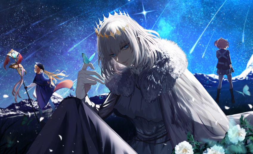 1boy 2girls ahoge antinese artoria_caster_(fate) artoria_caster_(second_ascension)_(fate) artoria_pendragon_(fate) beret black_gloves black_jacket blonde_hair blue_cape blue_capelet blue_eyes bow bug butterfly cape capelet cloak crown diamond_hairband dress fate/grand_order fate_(series) flower fujimaru_ritsuka_(female) fujimaru_ritsuka_(female)_(polar_chaldea_uniform) full_body fur-trimmed_cloak fur_trim gloves green_eyes grey_skirt hat highres holding holding_staff insect insect_on_finger jacket long_hair long_sleeves looking_at_viewer male_focus marmyadose_(fate) medium_hair multicolored_cape multiple_girls night no_wings oberon_(fate) oberon_(second_ascension)_(fate) one_side_up orange_hair outdoors pantyhose shirt shooting_star short_hair side_ponytail sitting skirt sky smile staff standing star_(sky) starry_sky twintails white_cloak white_shirt