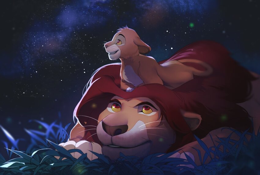 animal_focus blurry colored_sclera commentary depth_of_field english_commentary father_and_son grass grin highres lion looking_at_another looking_up mufasa night night_sky no_humans outdoors red_eyes simba sky smile star_(sky) the_lion_king tobu_(bilibil) whiskers yellow_sclera
