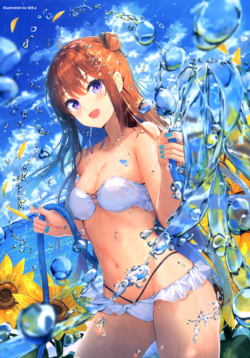 1girl :d absurdres bare_arms bikini blue_hair blue_nails blue_sky blurry blush breasts brown_hair cleavage cloud collarbone day depth_of_field flower frilled_bikini frills gradient_hair hair_between_eyes hair_bun hair_ornament highres holding holding_hose hose long_hair looking_at_viewer medium_breasts multicolored_hair na_kyo nail_polish navel non-web_source o-ring open_mouth original outdoors petals purple_eyes sidelocks sky smile solo standing strapless strapless_bikini sunflower swimsuit water_drop wet x_hair_ornament