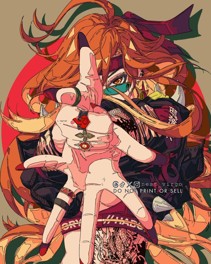1girl aiming aiming_at_viewer alternate_costume casual commentary contemporary earrings english_commentary finger_gun genshin_impact headband highres jewelry long_hair looking_at_viewer looking_over_eyewear mavuika_(genshin_impact) multicolored_hair nest_virgo orange_eyes orange_hair pointing pointing_at_viewer red_hair symbol_in_eye tattoo two-tone_hair very_long_hair