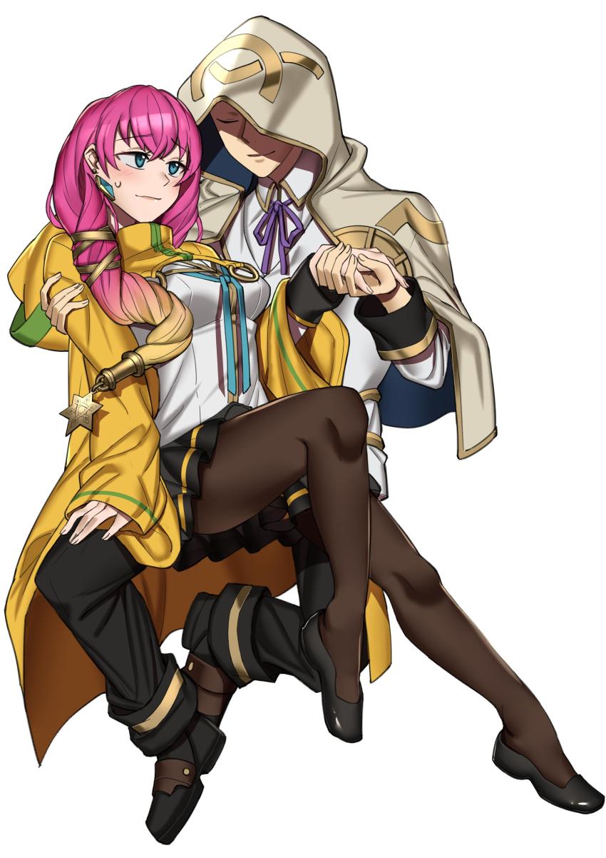 1boy 1girl absurdres black_pants black_skirt blazblue blazblue_phase_0 blonde_hair blue_eyes closed_eyes closed_mouth commission cosplay earrings ebinku fire_emblem fire_emblem_heroes gradient_hair gunnthra_(fire_emblem) hair_ornament highres holding_hands hood hood_up jewelry kazuma_kuvaru kazuma_kuvaru_(cosplay) kiran_(fire_emblem) male_kiran_(fire_emblem) long_hair long_sleeves multicolored_hair nintendo pants pantyhose pink_hair simple_background skirt trinity_glassfield trinity_glassfield_(cosplay) white_background