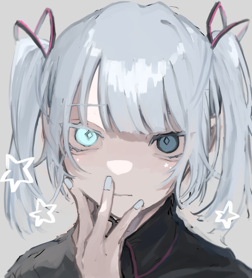 1girl aqua_eyes aqua_hair aqua_nails closed_mouth commentary diamond-shaped_pupils diamond_(shape) facial_mark grey_background hatsune_miku heterochromia highres kajiwara_3 looking_at_viewer medium_hair nail_polish portrait simple_background solo star_(symbol) star_facial_mark symbol-shaped_pupils twintails upper_body vocaloid w w_over_face w_over_mouth