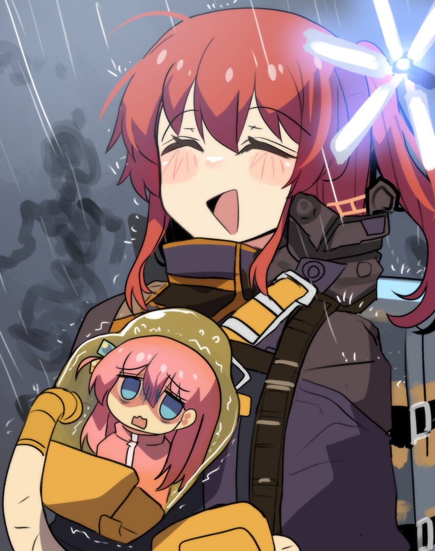 2girls :d ^_^ alternate_costume bb-28 bb-28_(cosplay) beached_thing black_jumpsuit blue_eyes blurry bocchi_the_rock! cargo carrying carrying_person chibi closed_eyes commentary cosplay cube_hair_ornament death_stranding depth_of_field english_commentary gotoh_hitori hair_between_eyes hair_ornament highres hinghoi jacket jumpsuit kita_ikuyo long_hair long_sleeves multiple_girls odradek one_side_up open_mouth outdoors pink_hair pink_jacket rain red_hair sam_porter_bridges sam_porter_bridges_(cosplay) sidelocks size_difference smile track_jacket trembling turtleneck turtleneck_jacket