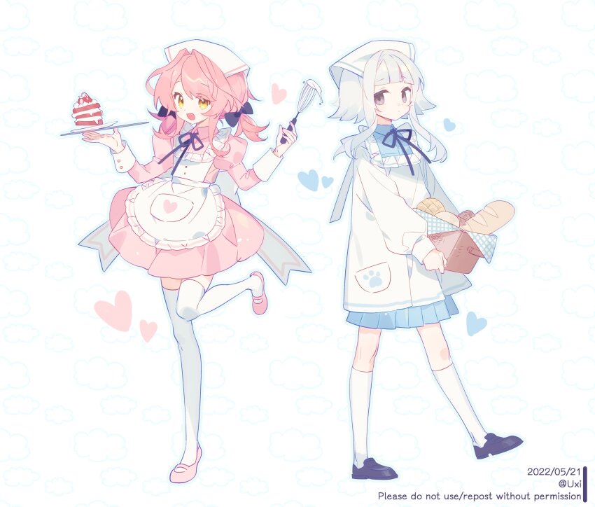 2girls :d absurdres apron artist_name asphyxia17 basket black_bow black_footwear black_ribbon blue_shirt blue_skirt bow bread cake closed_mouth collared_dress dated dress food frills fruit full_body grey_eyes grey_hair hair_bow hair_intakes headscarf heart highres holding holding_basket holding_tray holding_whisk kneehighs long_hair long_sleeves looking_at_viewer low_twintails mary_janes medium_hair multiple_girls neck_ribbon open_mouth original pink_dress pink_hair pink_shoes pleated_skirt puffy_sleeves ribbon shirt shoes short_hair_with_long_locks sidelocks skirt smile socks standing standing_on_one_leg thighhighs tray twintails whisk white_apron white_background white_socks white_thighhighs yellow_eyes
