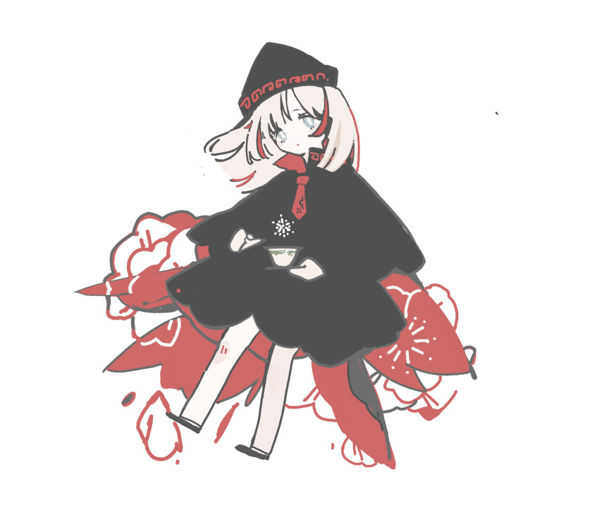 1girl absurdres black_footwear blue_eyes bow bucket commentary_request cup fairy fairy_wings flower hat hat_bow highres holding holding_cup in_bucket in_container lily_black lily_white long_hair petals solo touhou white_hat wings zhixie_jiaobu