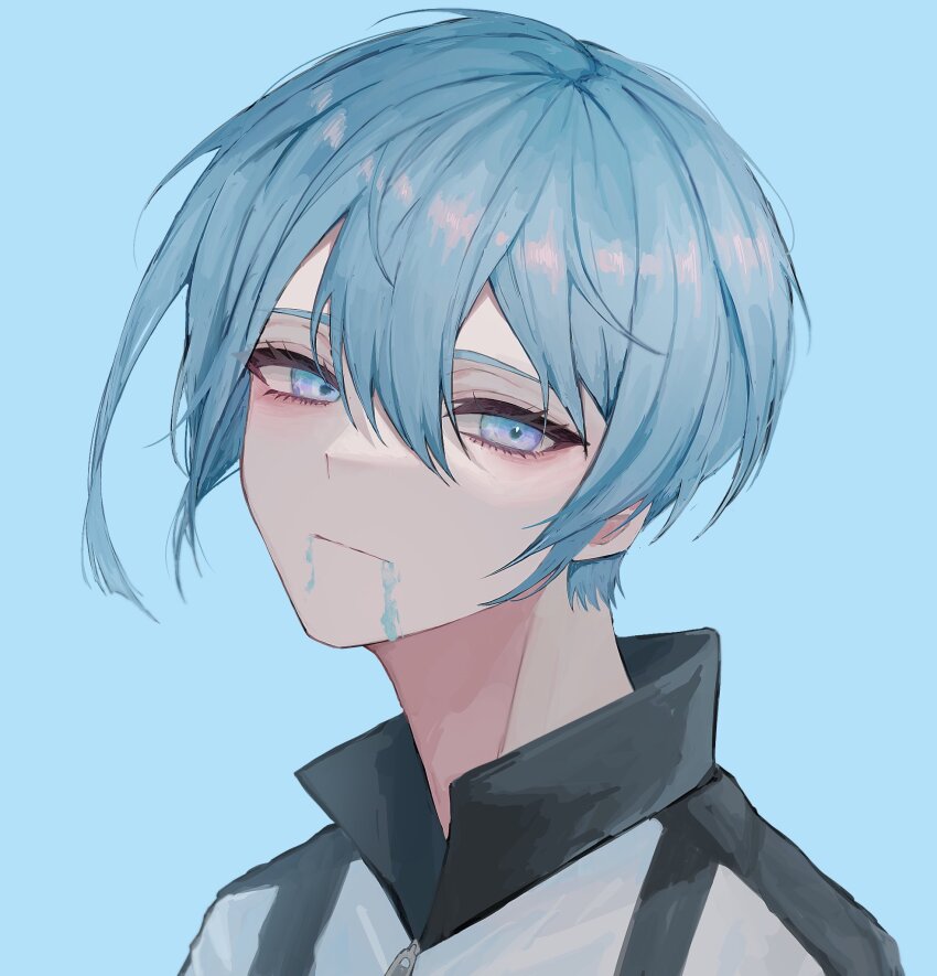 1boy black_jacket blue_background blue_eyes blue_hair blue_lock closed_mouth collared_jacket highres jacket koumimi male_focus multicolored_jacket short_hair simple_background solo two-tone_jacket upper_body white_jacket you_hiori