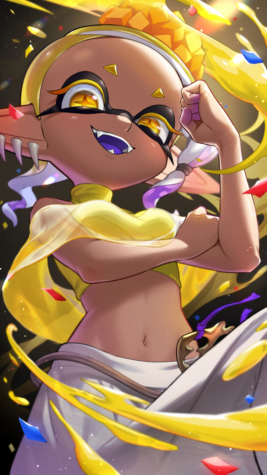 1girl asymmetrical_hair bare_shoulders black_background blonde_hair breasts clenched_hand colored_tongue commentary commentary_request confetti cropped_legs dark-skinned_female dark_skin earrings english_commentary eyelashes fangs flexing food-themed_hair_ornament forehead frye_(deep_cut_outfit)_(splatoon) frye_(splatoon) gradient_hair grey_pants hair_ornament hand_up highres inkling iria_(yumeirokingyo) jewelry light_particles looking_at_viewer medium_hair midriff mixed-language_commentary multicolored_hair multiple_earrings navel nintendo open_mouth paint pants pointy_ears purple_hair purple_tongue shawl shirt short_eyebrows sleeveless sleeveless_shirt small_breasts smile solo splatoon_(series) splatoon_3 star-shaped_pupils star_(symbol) stomach symbol-shaped_pupils teeth tentacle_hair tongue turtleneck yellow_eyes yellow_shawl yellow_shirt