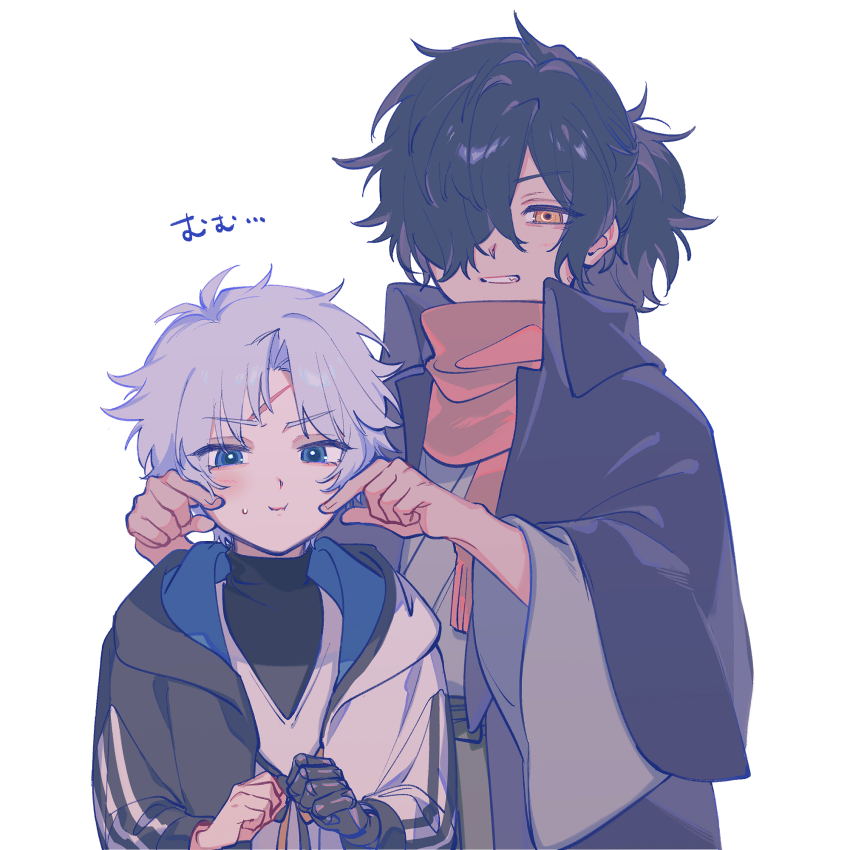 2boys black_coat black_hair black_jacket blue_eyes chago_(aruchagos7180) cheek_pinching coat collared_coat fate/grand_order fate_(series) grey_kimono grin hair_over_one_eye highres hood hood_down hooded_jacket jacket japanese_clothes kimono multicolored_jacket multiple_boys okada_izou_(fate) open_clothes open_jacket orange_eyes orange_scarf pinching prosthesis prosthetic_arm scar scar_on_face scar_on_forehead scarf shirt simple_background smile sweat toudou_heisuke_(fate) triple_vertical_stripe turtleneck two-tone_jacket undershirt v-neck white_background white_hair white_jacket white_shirt