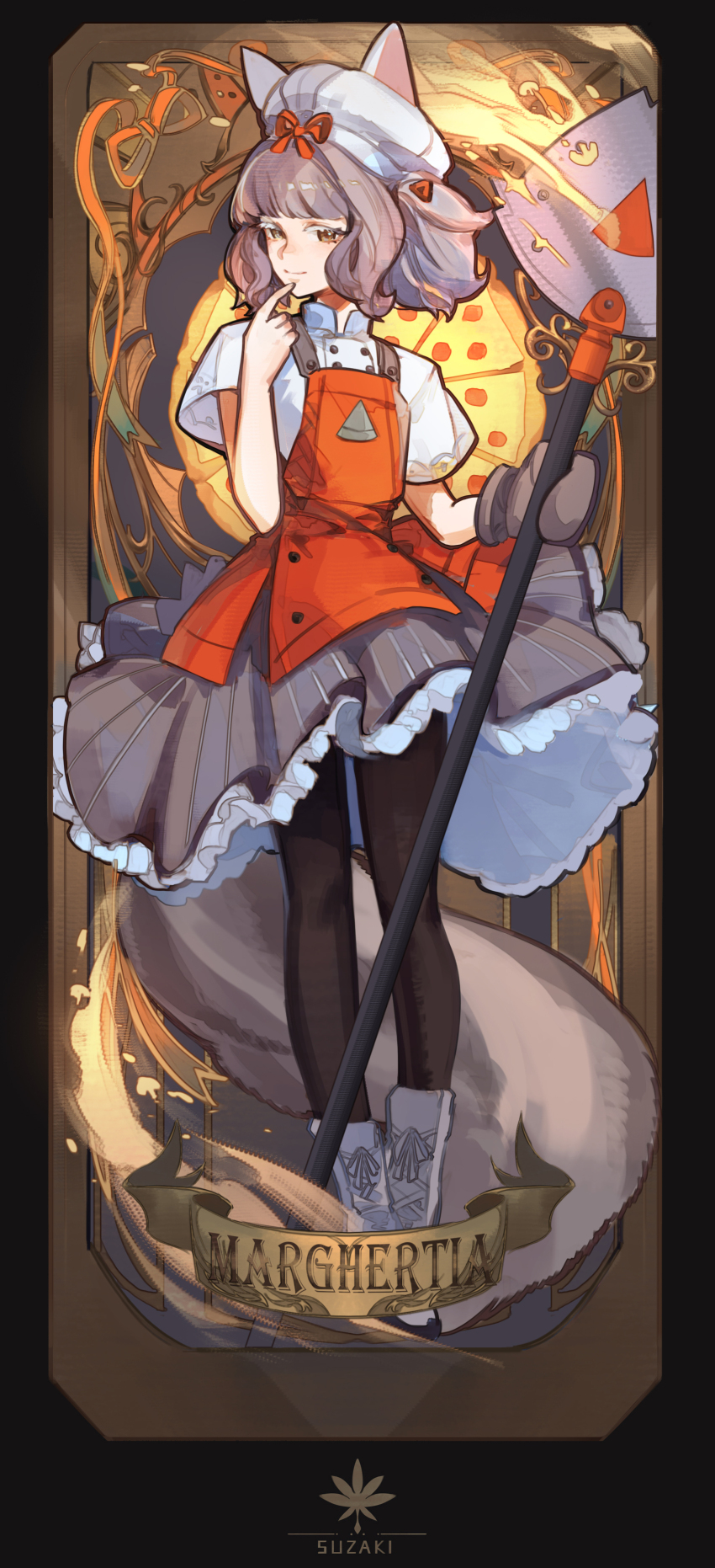 1girl absurdres apron artist_logo black_pantyhose boots brown_hair card_(medium) character_name colored_eyelashes commentary finger_to_mouth grey_skirt hat highres logo long_skirt looking_at_viewer margherita_(wuthering_waves) pantyhose shirt short_hair skirt solo steve_zheng white_boots white_eyelashes white_hat white_shirt wuthering_waves yellow_eyes