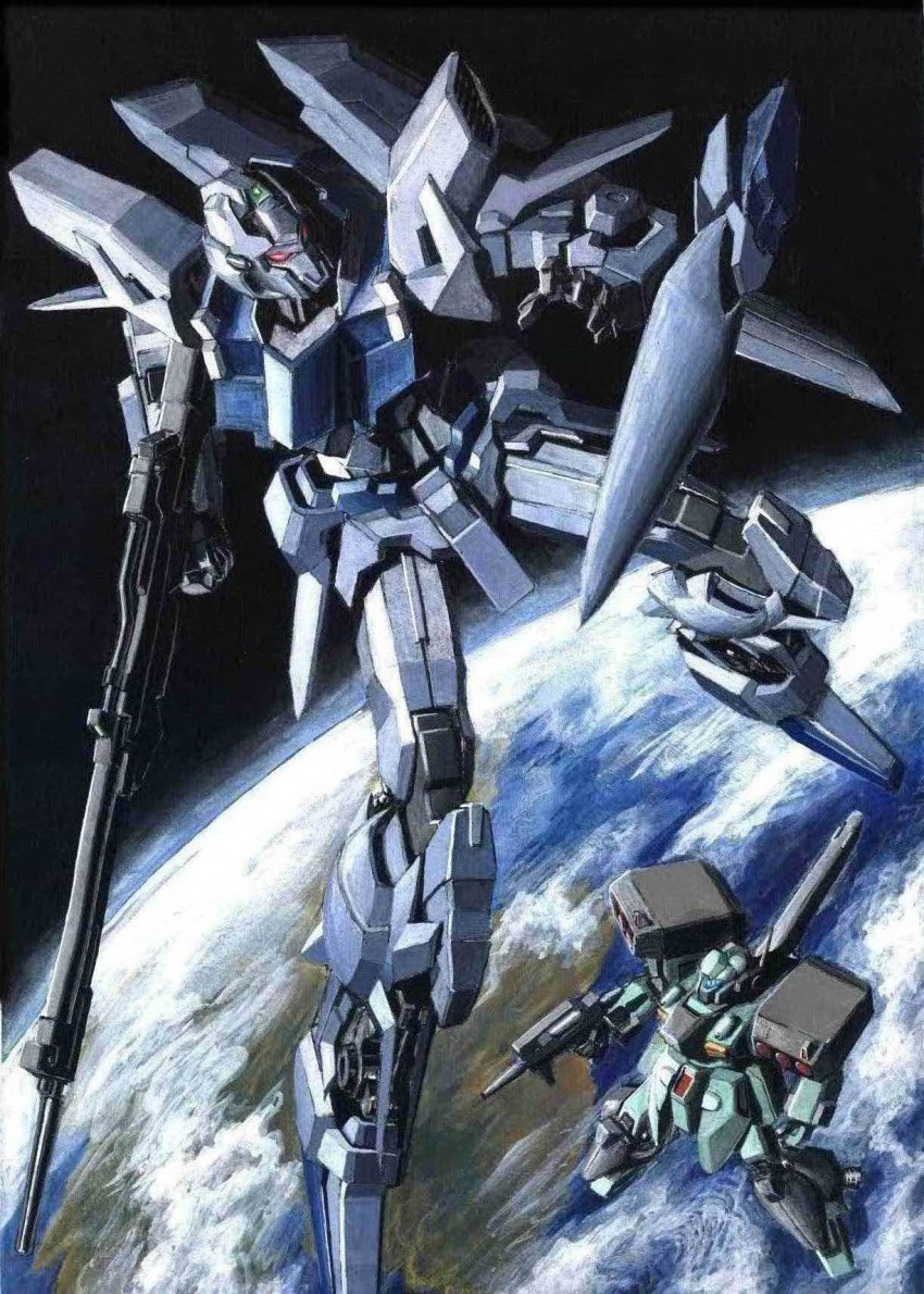 armor beam_rifle cannon delta_plus earth_(planet) energy_gun gun gundam gundam_unicorn highres mecha no_humans planet robot rocket_launcher shield space stark_jegan traditional_media weapon zero_gravity