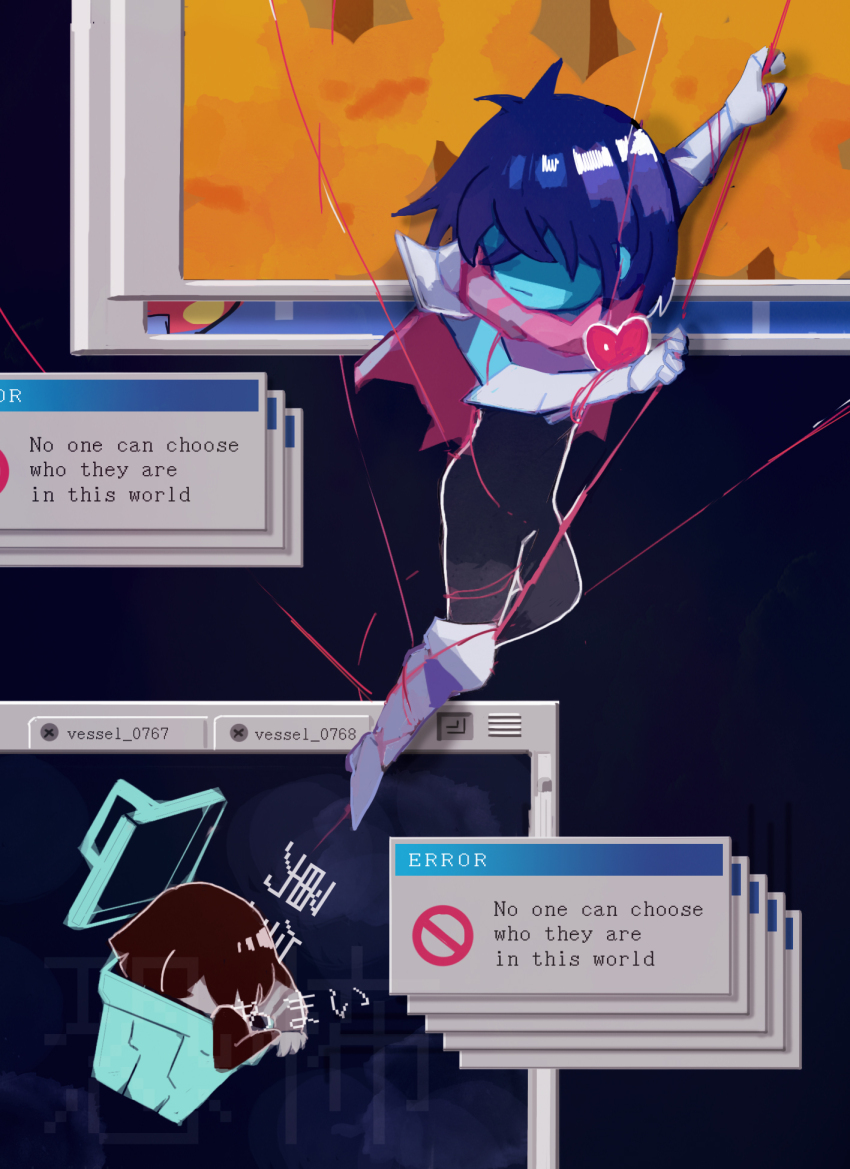 2others :| androgynous armor black_bodysuit blue_hair blue_skin bodysuit bodysuit_under_clothes cape closed_mouth colored_skin commentary_request corogarucoromo covered_mouth crossed_bangs deltarune english_text entangled error_message expressionless from_side full_body gauntlets greaves heart highres icon_(computing) kris_(deltarune) multiple_others pauldrons pink_cape shaded_face short_hair shoulder_armor string string_of_fate trash_can window_(computing)