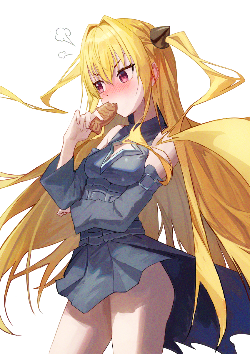 1girl absurdres black_dress black_sleeves blonde_hair closed_mouth dress fang food highres holding holding_food konjiki_no_yami long_hair looking_at_viewer red_eyes skin_fang solo taiyaki to_love-ru tomi_(yktm5477) very_long_hair wagashi white_background